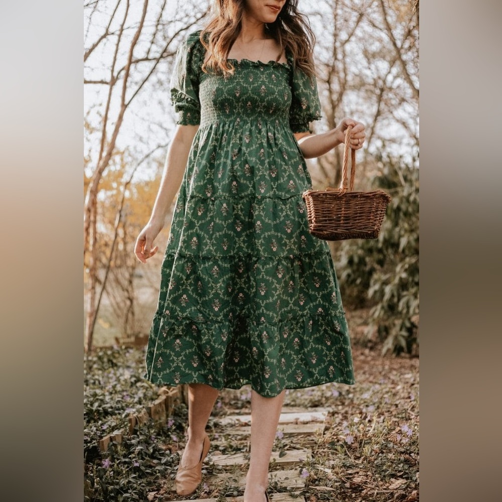 Hill House Nesli Emerald Trellis Midi Dress